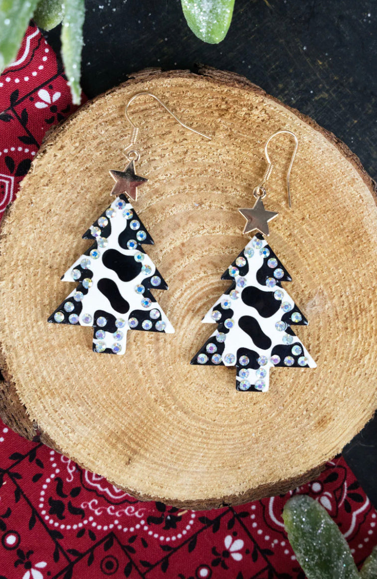 Crystal Cow Christmas Tree Earrings
