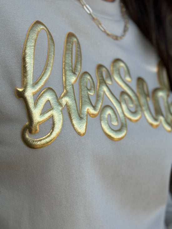 Blessed in Gold Metallic Puff Sweatshirt