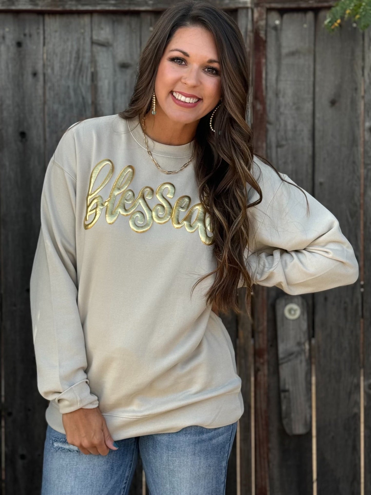 Blessed in Gold Metallic Puff Sweatshirt