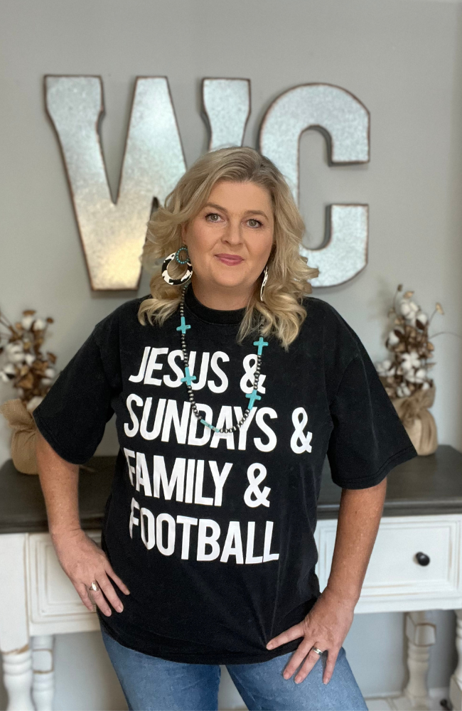 Load image into Gallery viewer, MINERAL-WASH “JESUS &amp;amp; SUNDAYS &amp;amp; FAMILY &amp;amp; FOOTBALL” BLACK TEE
