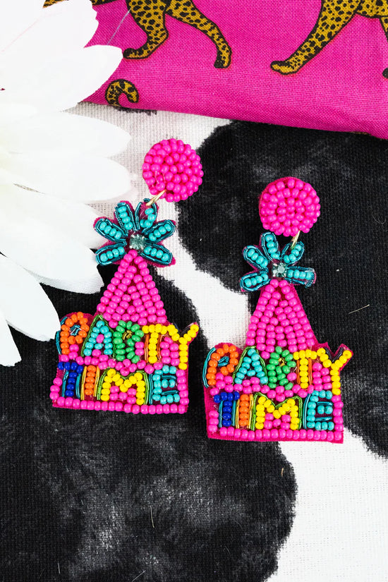 Load image into Gallery viewer, PARTY TIME HAT FUCHSIA MULTI SEED BEAD EARRINGS
