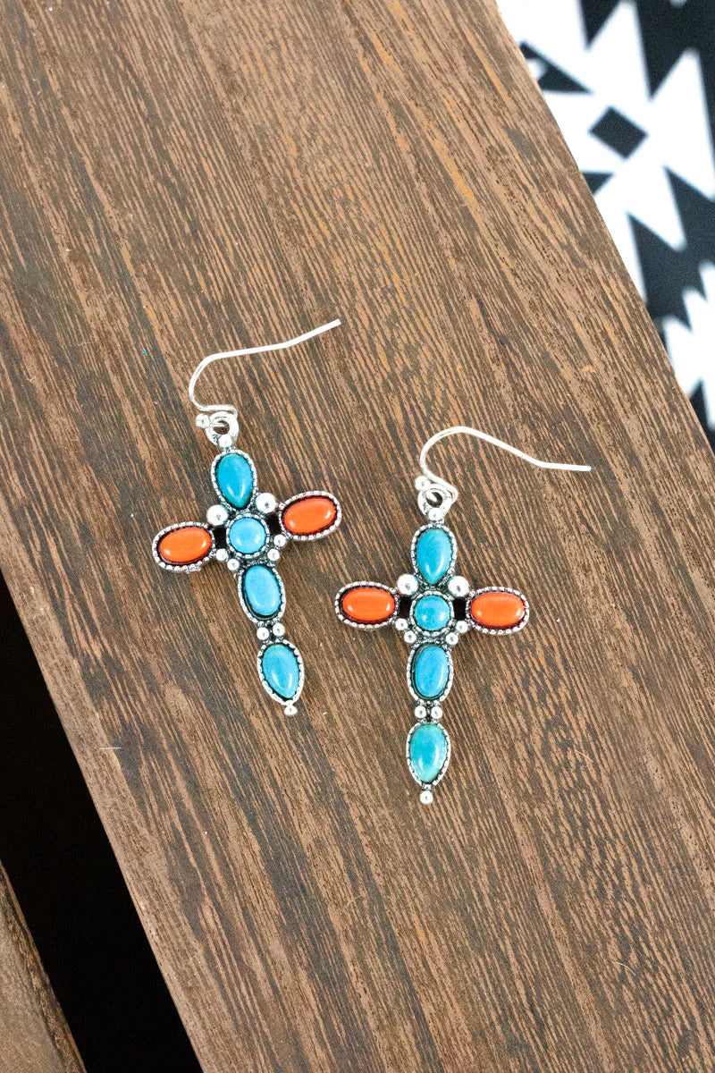 Load image into Gallery viewer, TURQUOISE AND ORANGE NEW HAVEN CROSS EARRINGS
