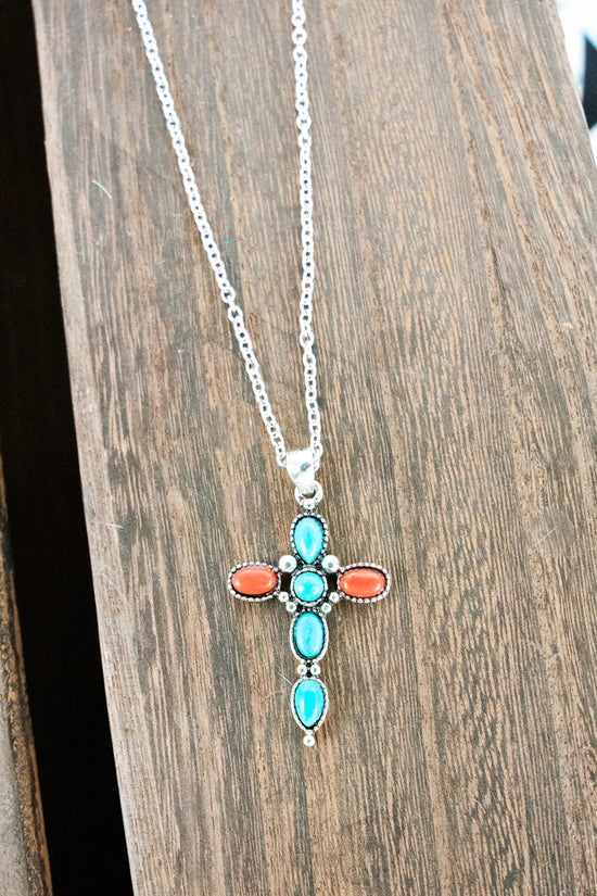 Load image into Gallery viewer, TURQUOISE AND ORANGE NEW HAVEN CROSS NECKLACE
