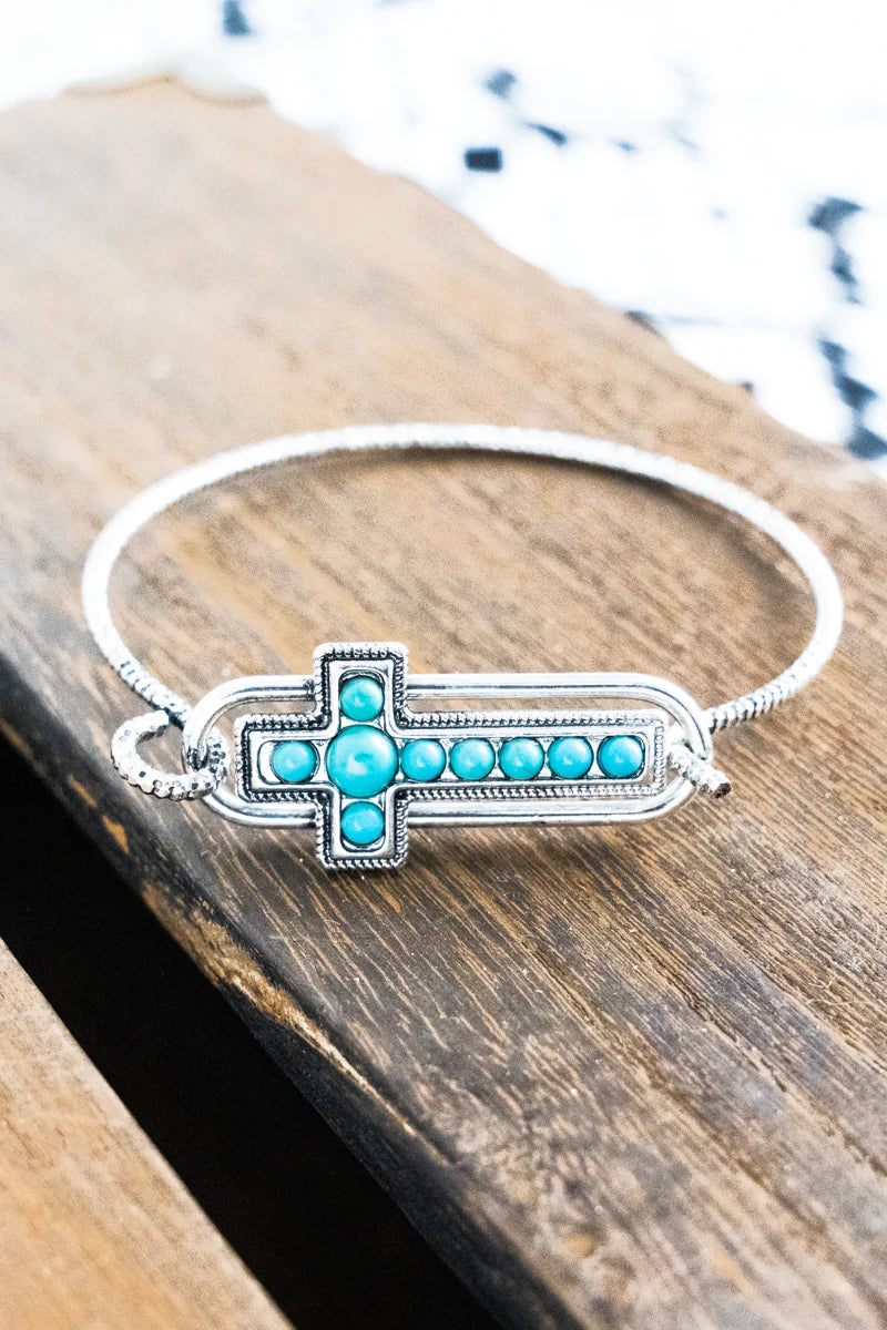 Load image into Gallery viewer, TURQUOISE ORLENA CROSS SILVERTONE BRACELET
