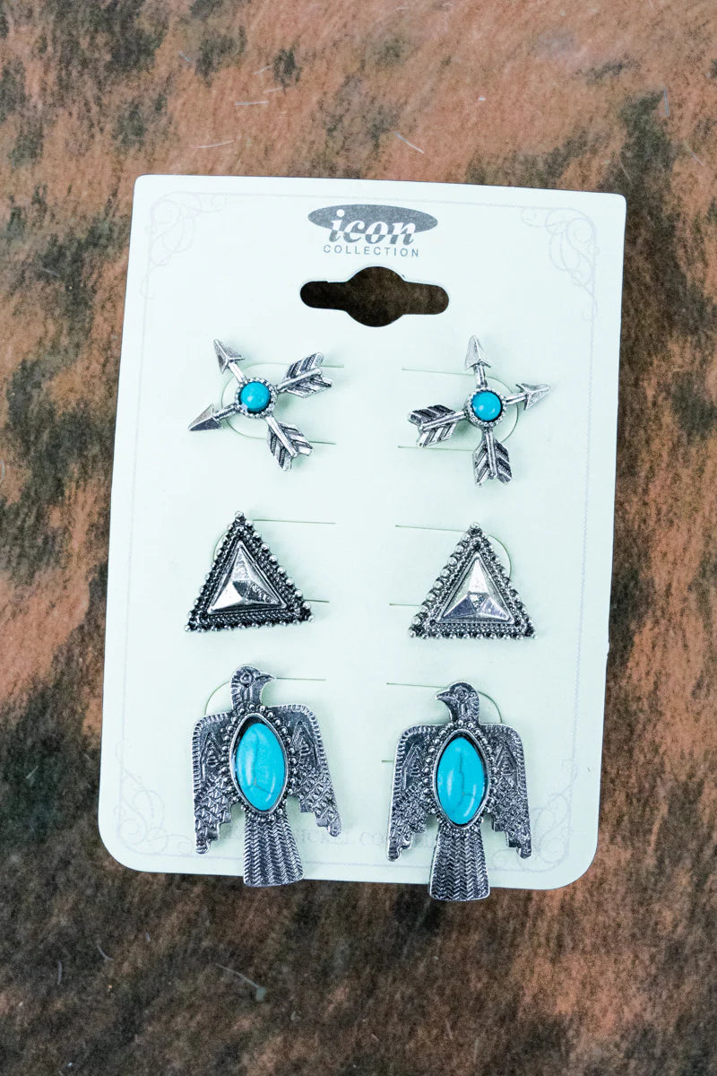 TURQUOISE THUNDERBIRD ARROW EARRINGS 3 PAIR SET